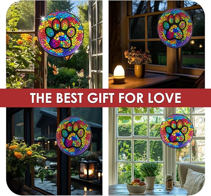 Paw Print Stained Glass Window Hanging, 7.9" Paw Print Sun Catcher Pet Memorial Suncatcher Ornament, Sun Catcher Glass Panel with Chain, Dog Memorial Gifts for Mom Grandma, Pet Lovers Gifts