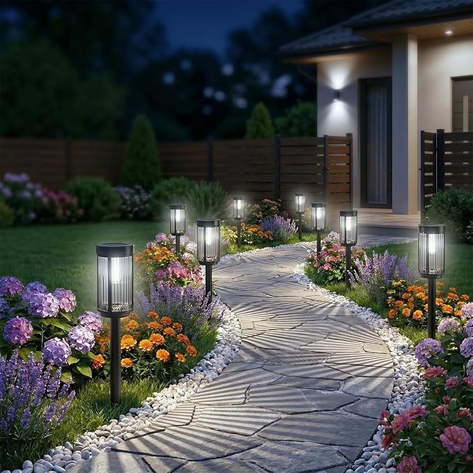 Sparkblaze 12 Pack Solar Garden Lights Outdoor, Decorative Solar Pathway Lights for Yard Auto On/Off Landscape Lighting for Walkway, Lawn, Garden, Waterproof Solar Stake Lights. (12, Cold White)