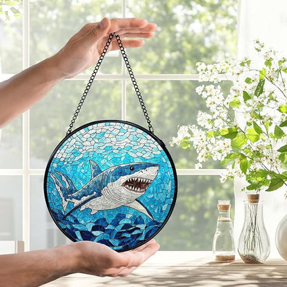 Blue Ocean Beach Shark Suncatchers Stained Glass Window Hanging, Shark Decor Sun Catchers Indoor Window Glass Round Wall Decor, Coastal Beachy Wall Hanging Decorations, 7.9x7.9in