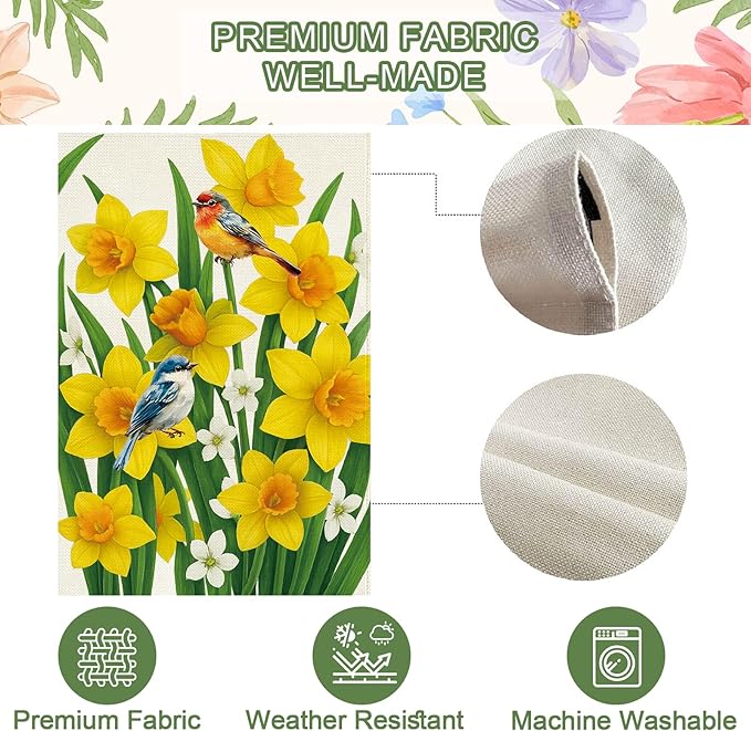 Baccessor Spring Summer Daffodils House Flag 28 x 40 Inch Double Sided Burlap Bluebirds Yellow Flower Green Leaf Farmhouse Large Yard Flag Summer Holiday Seasonal Outdoor Outside Decoration