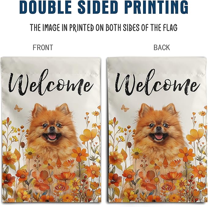 Pomeranian Fall Garden Flag Autumn Dog Yard Sign Orange Floral Thanksgiving Outdoor Banners for Outside 12x18 Double Sided Small Wild Flower Lawn Decorations