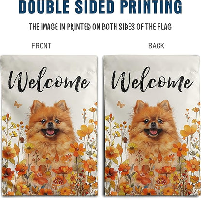 Pomeranian Fall Garden Flag Autumn Dog Yard Sign Orange Floral Thanksgiving Outdoor Banners for Outside 12x18 Double Sided Small Wild Flower Lawn Decorations