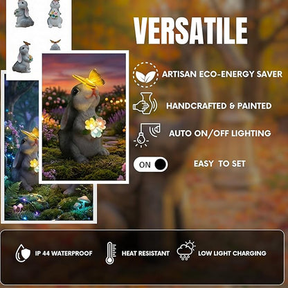 Solar Garden Statues Rabbit with Butterfly and LED Solar Flower Lights, Cute Waterproof Resin Outdoor Decorations for Patio Yard Lawn, Gifts for Housewarming