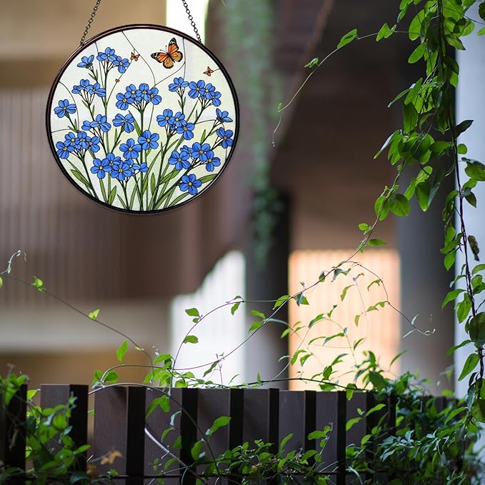 Forget-Me-Not Hand Stained Glass Window Hanging Floral Sun Catcher Decor Flower Lover Gifts for Women Christmas Suncatchers for Home Windows Hanging Decoration, 7.87inch