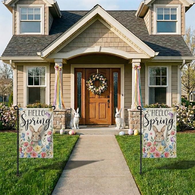 Hello Spring Garden Flag 12 x 18 Inch Double Sided Outside, Rabbit, Brightly Colored Bouquets, Hello Spring Easter Flag Yard Outdoor Easter Holiday Decoration