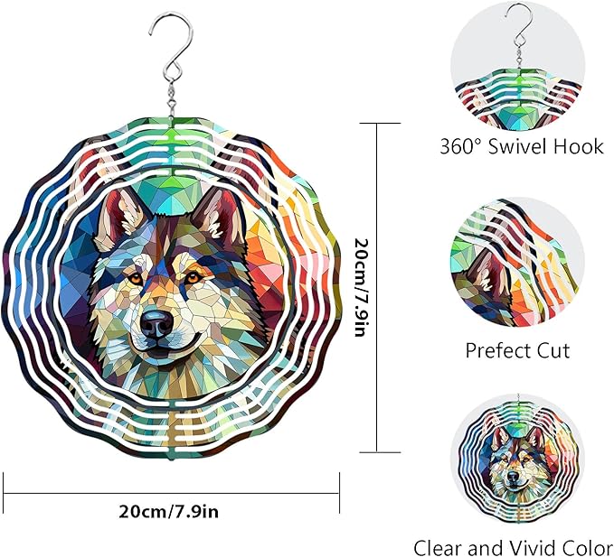 Husky Wind Spinner Pet Dog Memorial Gifts, Vibrant 3D Kinetic Metal Yard Art, Loss of Dogs Sympathy Gifts, Hanging Outdoor Garden Decor, 8" Decorative Wind Sculptures for Patio, Porch (Husky 3)
