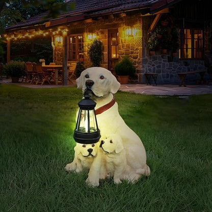 Labrador Garden Statue with Solar Hanging Lantern & Interchangeable Welcome Signs, Weather-Resistant Resin Dog Statue for Outdoor Yard, Porch, Patio & Garden Decor, for Dog Lovers