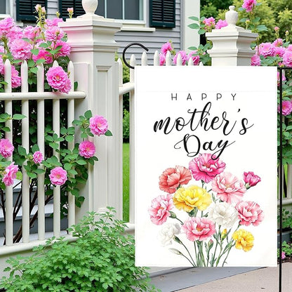 Happy Mother’s Day Garden Flag Floral Carnation Yard Flag for Mom Elegant Spring Flower Outdoor Decor Mothers Day Gift Garden Lawn Porch Patio Double Sided Welcome Flags 12x18 Inch