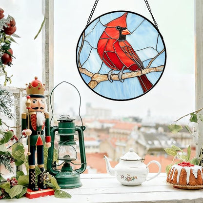 Stained Glass Window Hanging Cardinal Birds 7.8" - Suncatcher Door Garden Sun Catcher Home Decor Christmas Birthday for Bird Lovers Woman Her Nana Wife Men Mom