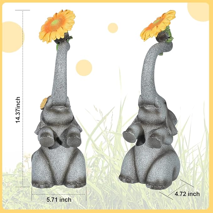 Panven Elephant Sunflower Garden Decor, 14.3" Solar Large Garden Statue, Outdoor Yard Decor, Gifts for Mom, Grandma