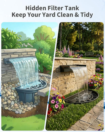 POPOSOAP 24inch Pond Waterfall Spillway with Filter Box & 1600GPH Pump, Self-Circulating Water Feature with LED Lights, Pondless Waterfall for Garden Backyard Courtyard Landscape Decoration-P7665