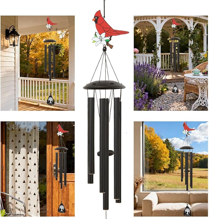 Memorial Wind Chimes for Loss of Loved One, Sympathy Wind Chimes for Outside with Cardinal Wind Spinner, Bereavement Condolence Remembrance Gift for Loss of Mom Mother Father Husband (Black)