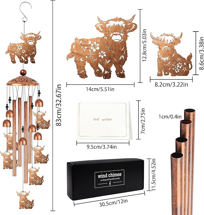 Highland Cow Wind Chimes for Outside, Highland Cow Gifts for Women Metal Windchimes Outdoors, Farmhouse Home Garden Patio Yard Decor