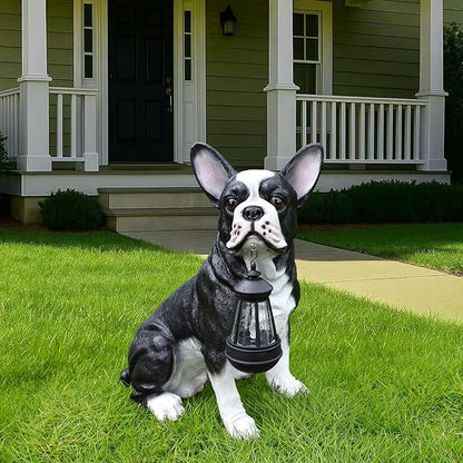Cheerful Black & White Boston Terrier Dog Sculpture with Solar Lantern & Double-Sided 'On Patrol' and 'Welcome' Signposts – Fun Outdoor Resin Statue for Garden, Yard, and Patio Décor