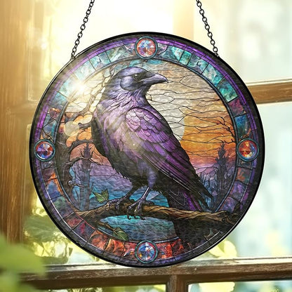 FLAGWIX Black Raven Decor - Crow Stained Glass Window Hanging 10 in - Black Crow Sun Catchers Indoor Window for Gothic Home Decor, The Raven Gifts for Women Friends Family