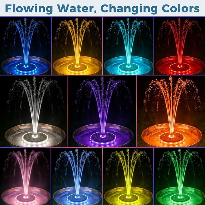 Solar Fountain for Bird Bath with Colorful LED Lights, Floating Solar Fountain, 3W Solar Powered Water Fountain Pump with Strong Spray & 5 Nozzles for Garden, Pond, Pool, 23 LED Lights