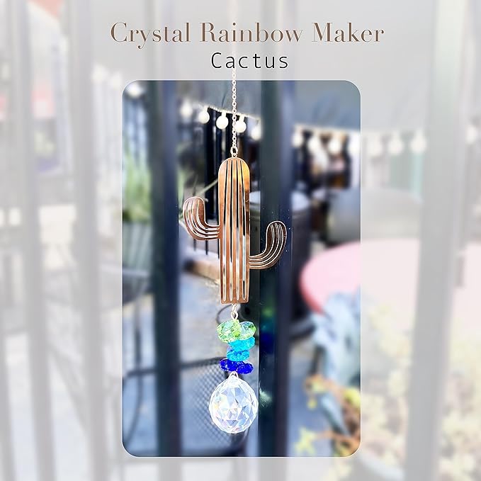 Crystal Saguaro Cactus Suncatcher for Window Hanging, Metal Prism Rainbow Maker with Beads for House Decor, Ideal for Kids' Rooms, Elegant Southwest Themed Sun Catcher Ornament