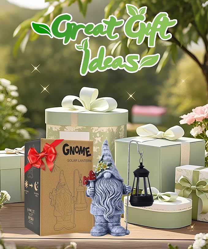 Garden Gnome with Solar Lantern: Outdoor Statue Decorations for Home Yard Lawn Balcony Patio Porch - Mothers Day Gifts for Mom Women Grandma