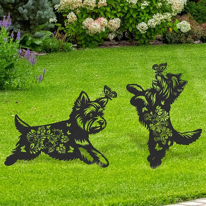 Yorkie Metal Garden Stakes - 2 Pcs Animal Yard Statues Dog Decor Patio Lawn Decoration Outside Waterproof Butterfly Flower Silhouette Pathway Sign Christmas Birthday Gifts for Dogs Lover