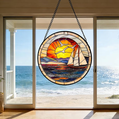 DASTOLL Stained Glass Window Hanging, Sun Ocean Sailboat Seagull Abstract Suncatcher Diamond Glass Panel Sun Catchers Decor for Birthday for Women, Men, Wife, Aunt, and Mom 6.3 in
