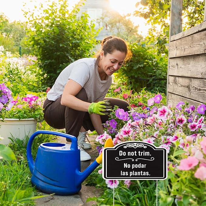 4pcs Do Not Trim Signs with Stakes, Corrugated Plastic Do Not Prune Bushes Please Do Not Trim Landscaping Label Yard Tag in English and Spanish Plant Sign Garden Marker for Outdoor Lawn