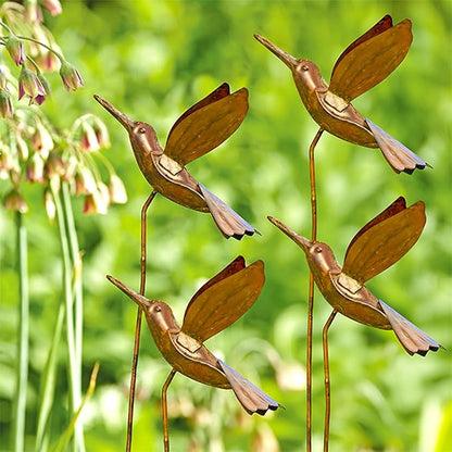 BestNest Set of 4 Ancient Graffiti Staked Hummingbird Garden Ornaments, 30" Tall Metal Yard Stakes with Flamed Copper Finish, Outdoor Decorative Garden Art for Yard & Flower Beds
