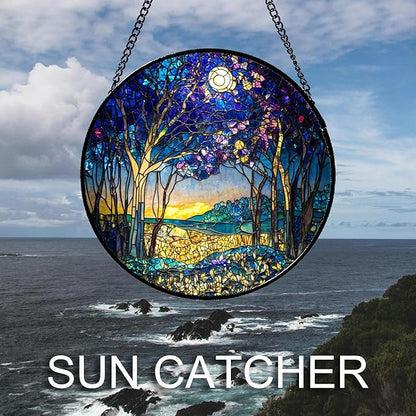 Stained Glass Window Hanging Blue Purple Forest Trees Landscape Moon Large 11.8" - Suncatcher Door Garden Sun Catcher Home Decor Birthday Christmas for Mom Men Woman Nana