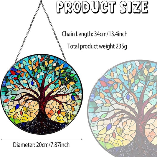 Tree of Life Sun Catcher Stained Glass Window Hanging for Women Home Decor Tree of Life Handmade Sun Catcher Decoration for Garden Home Housewarming Gifts, 7.87inch