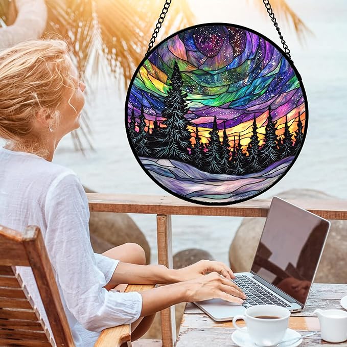 DASTOLL Stained Glass Window Hanging, Van Gogh Night Scene Sun Catchers Colorful Glass Panel Starry Sky Suncatcher Decor for Birthday for Women, Men, Wife, Aunt, and Mom 14.9x14.9 in