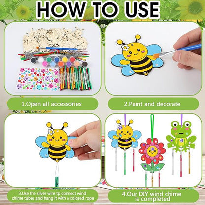 JellyArch 30 Pcs Spring Wind Chime Making Kit, DIY Wooden Spring Insect Craft Wind Chimes with Paint & Stickers, Craft Activity Creative for Church Party Windows Decoration