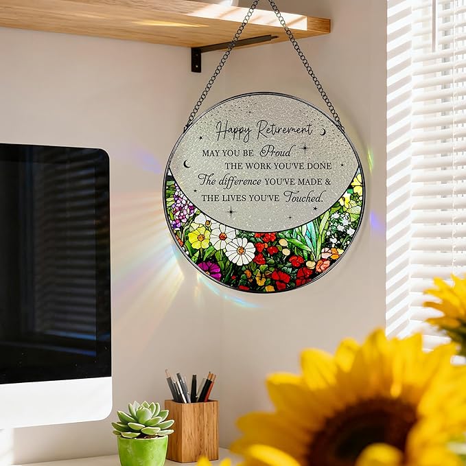8” Stained Glass Suncatcher Ornament – Floral Retirement Window Hanging Decorations, Retirement Gifts & Retired Gifts for Women, Men, Friends, Coworkers, Teachers - Style A