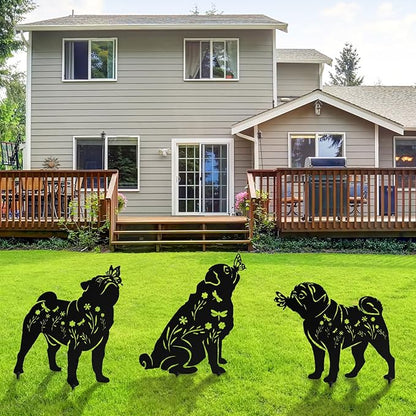 MorningRo 3 Pcs Pug Dog Metal Garden Decor for Outside 12" Pug Puppy Garden Stake Black Silhouette Statues Outdoor Decoration Women Men Dog Lovers Spring Patio Lawn Yard Art