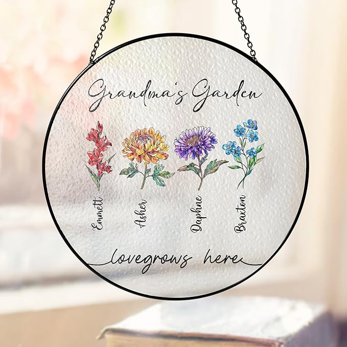 Personalized Grandma’s Garden Stained Glass Window Hanging Ornament, Custom Birth Month Flowers with Kids’ Names, Grandma Love Grows Here Floral Art Decoration, for Mom Grandma/2