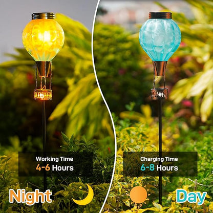 Solar Garden Lights Outdoor with Hot Air Balloon, Stake Garden Lights Solar Waterproof Flickering Lantern Lawn Pathway Patio Decor（Blue）