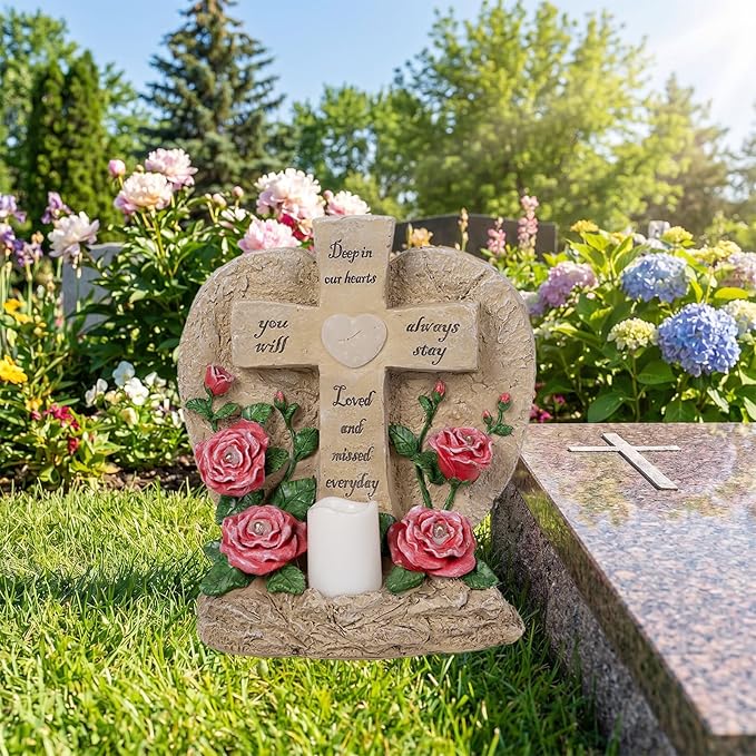 ZQQLITE Solar Lights for Cemetery Memorial Cross Statue with LED Lights & Roses Gift for Loss of Loved One, Garden Grave Markers Decor