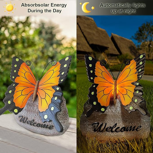 Garden Butterfly Statue Outdoor, Butterfly Figurine with Solar Powered LED Light, Waterproof Lawn Ornaments Statuary Decoration, Welcome Animal Outdoor Decor Light for Patio Balcony Yard (Black)