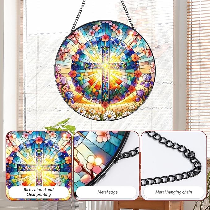Rngmsi Stained Glass Window Hanging, 7.8″ Cross and Flower Sun Catchers with Hook Indoor Window Decor, Decorative Suncatchers Hanging Ornaments Home Garden Art Gift for Housewarming