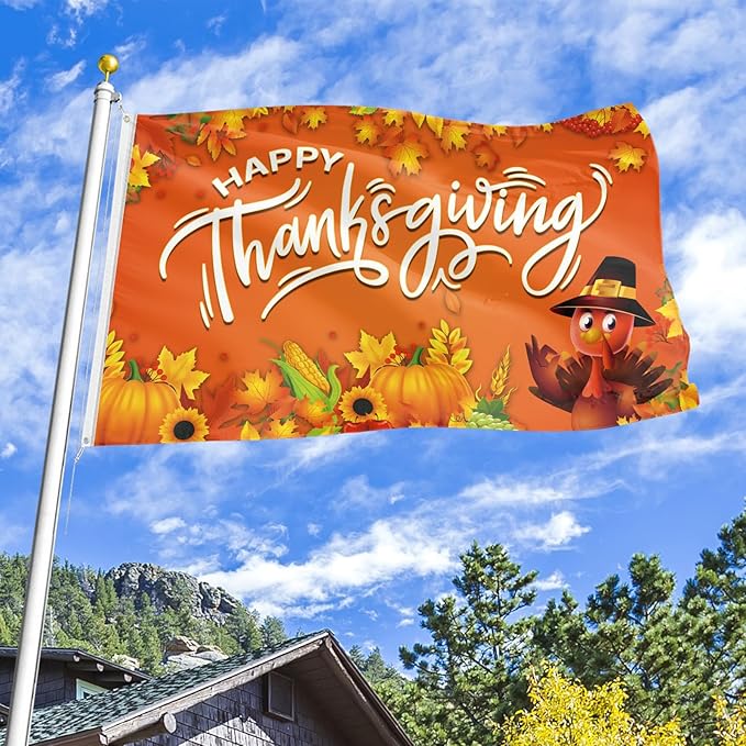Thanksgiving Flag 3x5 Ft Happy Thanksgiving Decorations Orange Turkey Pumpkins Sunflower Leaf Backdrop Hanging Outdoor Flag Party Supplies for Indoor Outdoor Garden,Lawn,Yard,Balcony Decor