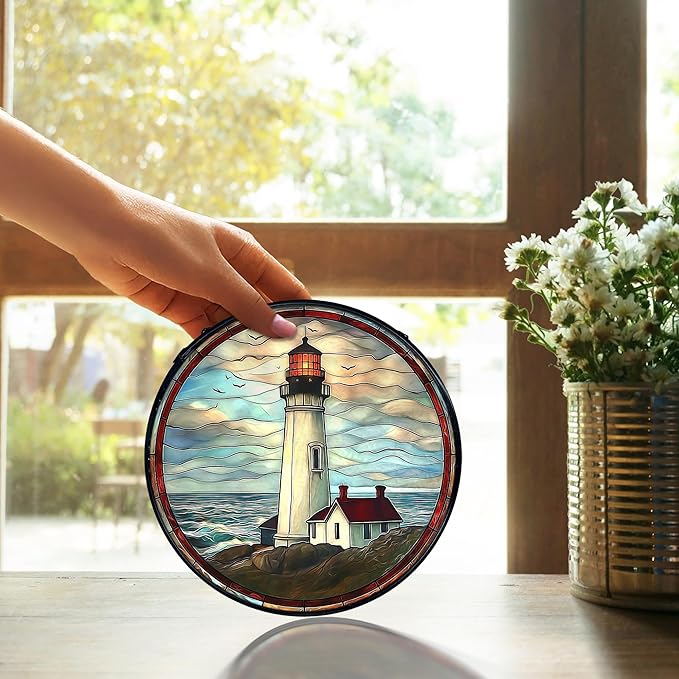 TNUW Lighthouse Stained Glass Window Hanging, Coastal Ocean Lighthouse Sun Catchers Indoor Window Glass Round Wall Art Decor, Nautical Beach Light House Wall Hanging Decorations, 7.9＂x7.9＂