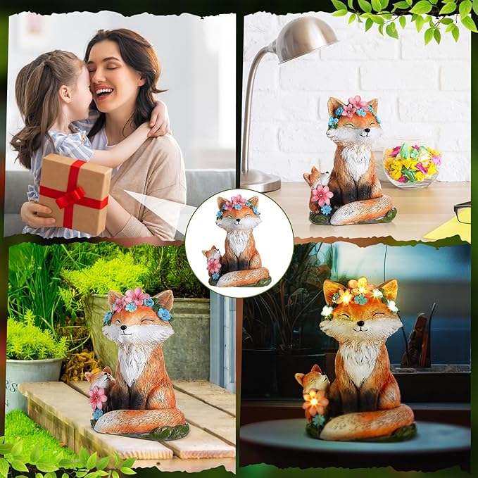 Leinuosen Mom and Baby Fox Gift Statue for Women Solar Powered Garden Decor Outdoor Lighted Resin Mother's Day Fox Gifts for Mama Grandma Patio Porch Yard Lawn Courtyard Backyard Indoor