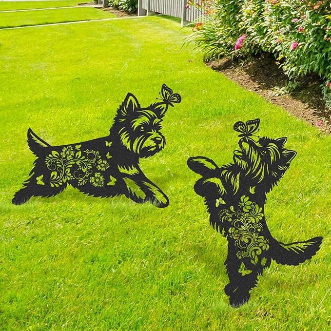 Yorkie Metal Garden Stakes - 2 Pcs Animal Yard Statues Dog Decor Patio Lawn Decoration Outside Waterproof Butterfly Flower Silhouette Pathway Sign Christmas Birthday Gifts for Dogs Lover