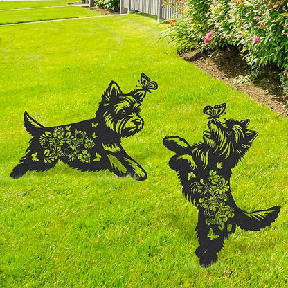 Yorkie Metal Garden Stakes - 2 Pcs Animal Yard Statues Dog Decor Patio Lawn Decoration Outside Waterproof Butterfly Flower Silhouette Pathway Sign Christmas Birthday Gifts for Dogs Lover