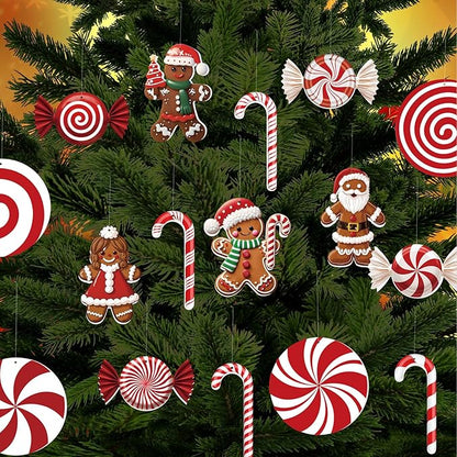 16ct Christmas Decorations Set Outdoor and Indoor Holiday Decor with Festive Candy Canes Gingerbread Ornaments 60 Meter Fishing Line and 28 Glass Fiber Stakes for Tree Yard
