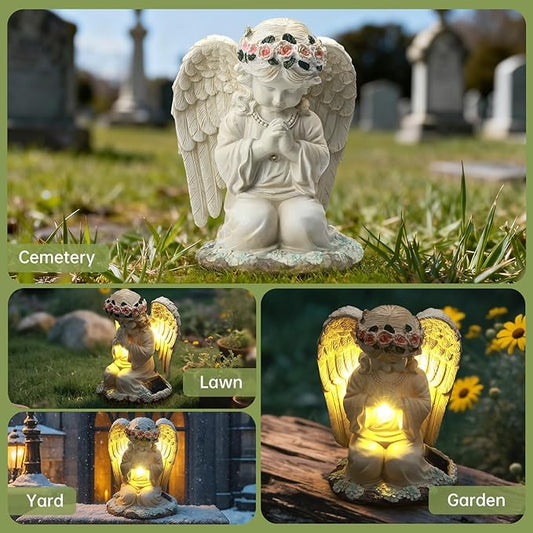 Solar Angel Garden Statue, Outdoor Decoration Lawn Ornaments for Yard, Praying Angle Figurine with LED Lights for Cemetery, Garden Gifts for Women Mom Grandma