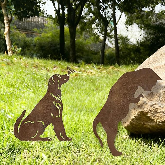Rusty Metal Dog Cat Garden Stakes, 2 Pcs Decorative Garden Stakes Animal Silhouette Statues for Yard Art Outside, Lawn,Patio, Outdoor Decor,Cat Dog Decor for Animals Lovers