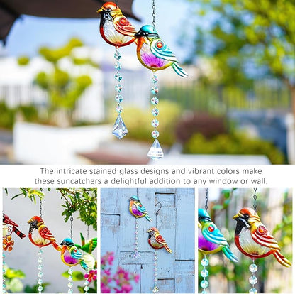 Set 2 Stained Glass Little Birds Suncatchers Rainbow Maker Crystal Prisms Hanging Suncatcher for Window Colorful Metal Birds Wall Art Fence Decorations Ornament for Christmas Tree