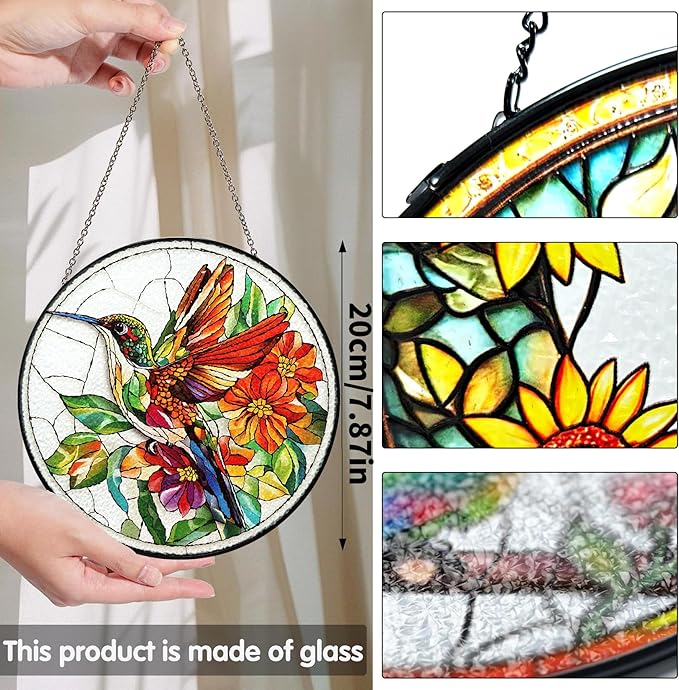 Bimkole Hummingbird Stained Glass Suncatcher Window Hanging - Flowers Design for Indoor Window or Doorway Decoration - 7.87x7.87 inch with Chain and Hook - Unique Home Decor Gift