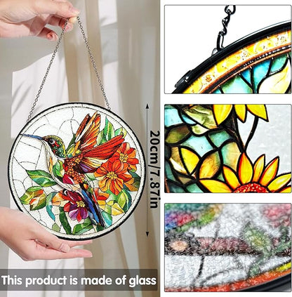 Bimkole Hummingbird Stained Glass Suncatcher Window Hanging - Flowers Design for Indoor Window or Doorway Decoration - 7.87x7.87 inch with Chain and Hook - Unique Home Decor Gift