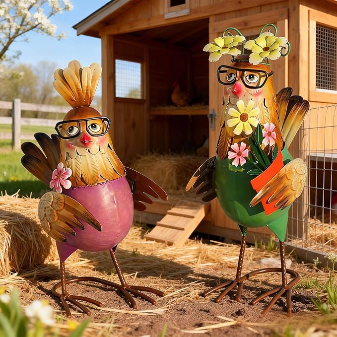 Natelf Metal Rooster & Hen Outdoor Statues Home Decor Hand-Painted Chicken Sculptures with Flower for Home Patio Lawn Backyard Farmhouse Kitchen Weather-Resistant Garden Ornament Gift Set