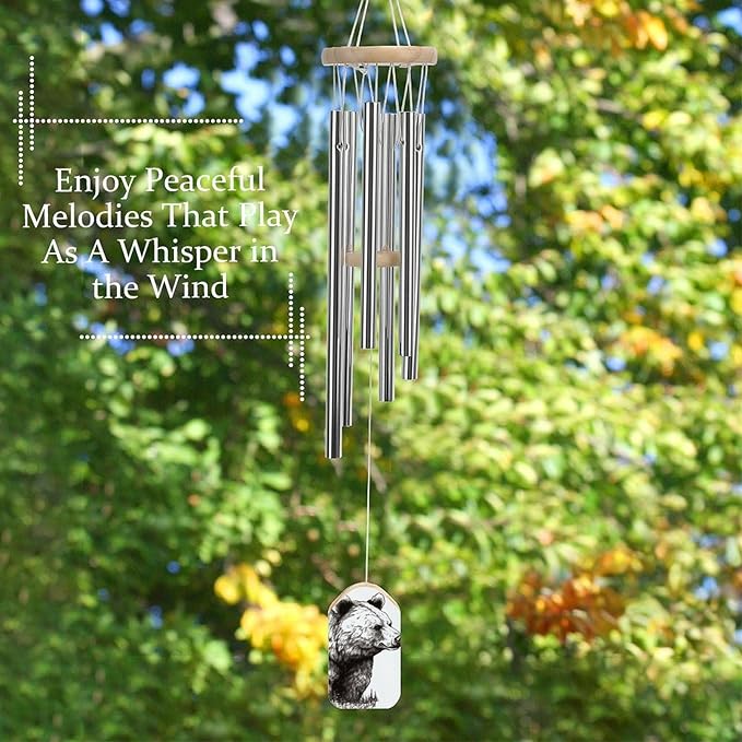 Large Aluminium Wind Chimes 20.5" Inches Wildlife Hand Drawn Bear Animal Wind Chimes for Outside Memorial Wind Chimes Sympathy Wind Chime for Outdoor Garden Patio Decoration